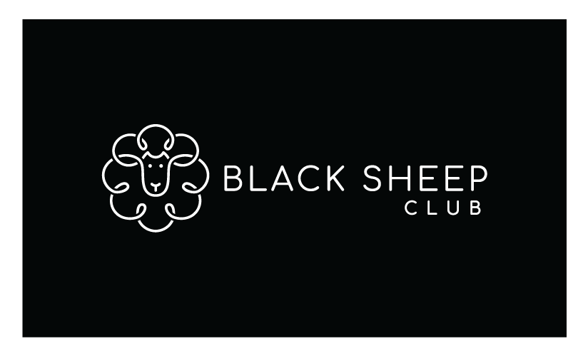 Horizontal version of Black Sheep Club logo on a black background