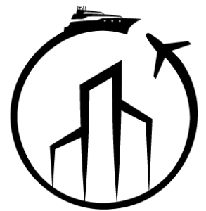 circular icon with yacht and jet with a building in the centre